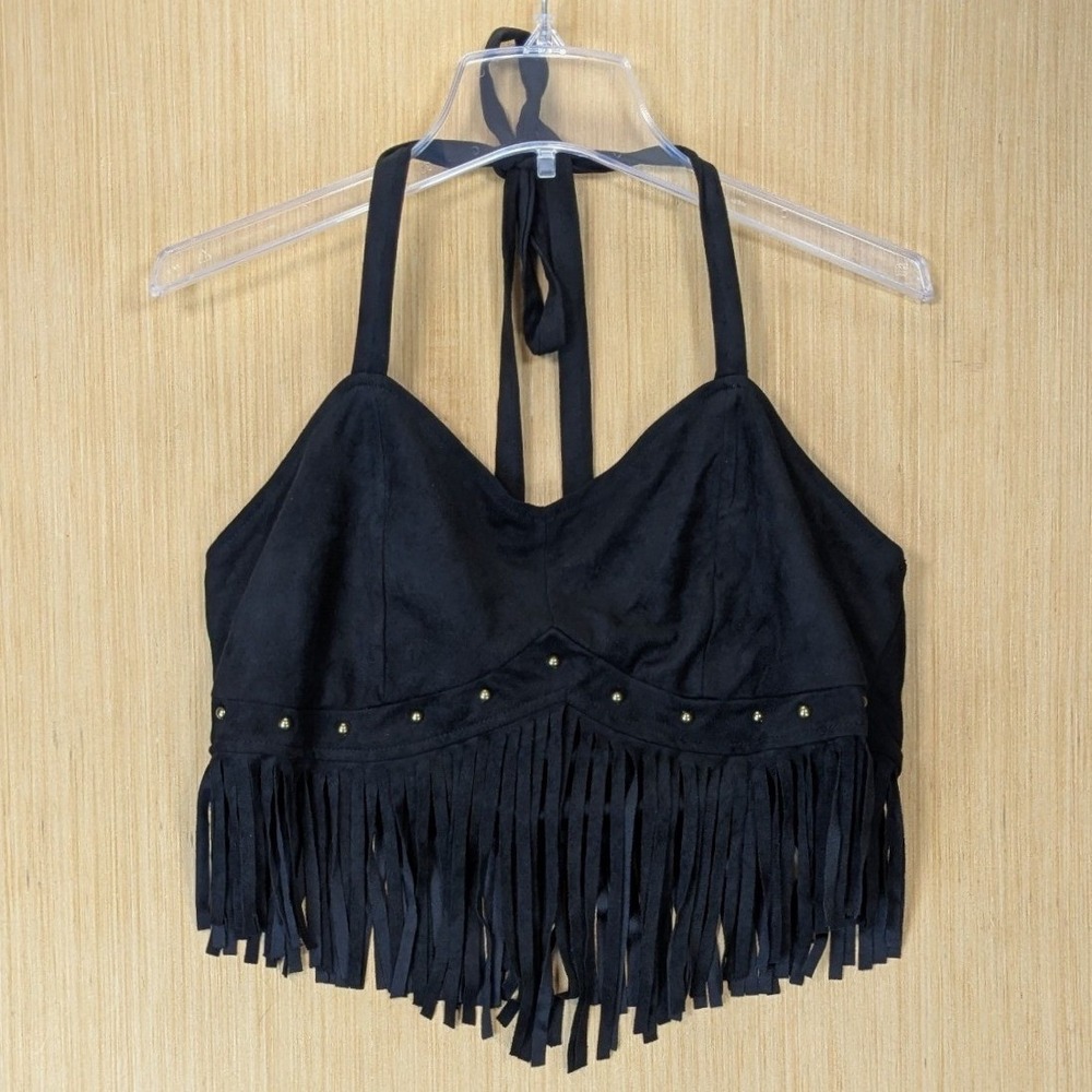 Boho Western Faux Suede Fringe Halter Top Size L Black Studded Party Festival